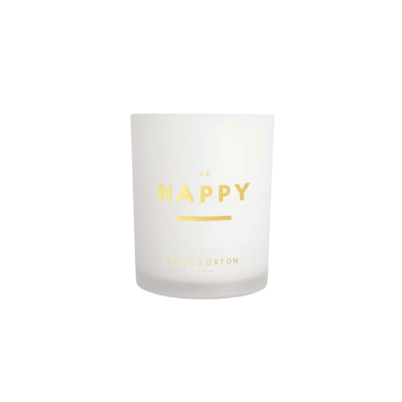 Be Happy candle by Katie Loxton, 100% soy wax, scented with pomelo and lychee flower.