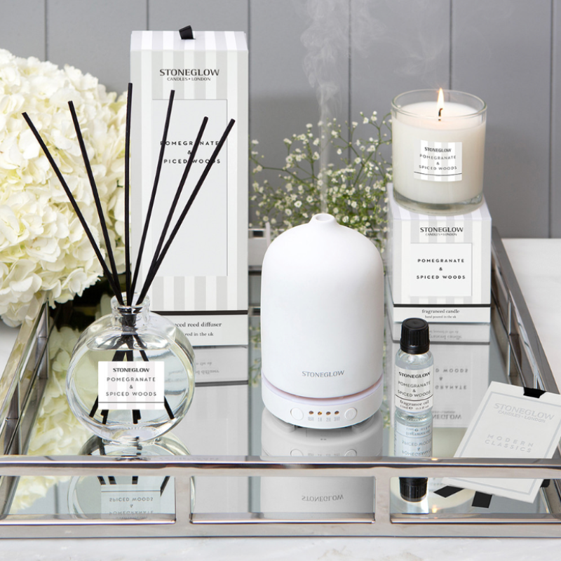 Pomegranate & Spiced Woods scented candle in luxury boxed tumbler.