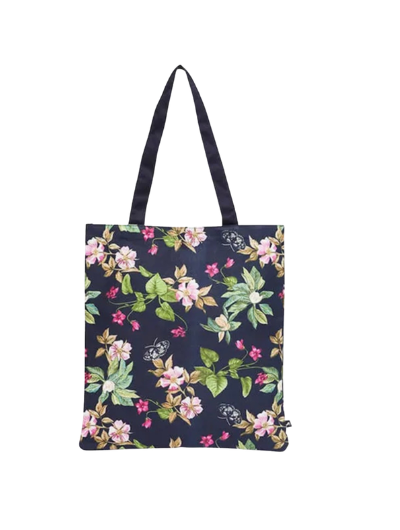 Joules Navy Floral Lulu cotton canvas shopper tote bag with floral artwork and shoulder straps.