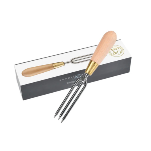 Sophie Conran stainless steel three-pronged garden weeder with FSC beech wood handle and brass ferrule.