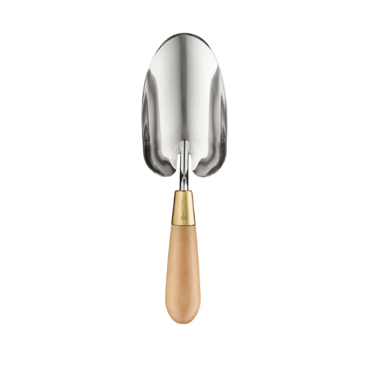 Sophie Conran stainless steel garden trowel with FSC beech wood handle and brass ferrule in presentation gift box.
