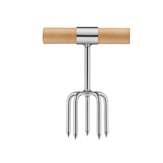 Sophie Conran stainless steel twist cultivator with FSC beech wood handle and brass ferrule in presentation gift box.