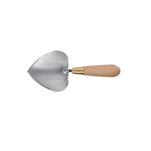 Sophie Conran heart-shaped stainless steel garden trowel with FSC beech wood handle and brass ferrule in presentation gift box.