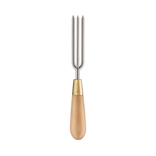 Sophie Conran stainless steel three-pronged garden weeder with FSC beech wood handle and brass ferrule.