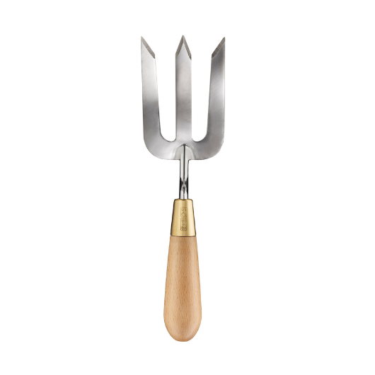 Sophie Conran stainless steel garden hand fork with FSC beech wood handle and brass ferrule in presentation gift box.