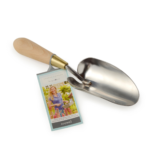 Sophie Conran stainless steel garden trowel with FSC beech wood handle and brass ferrule in presentation gift box.