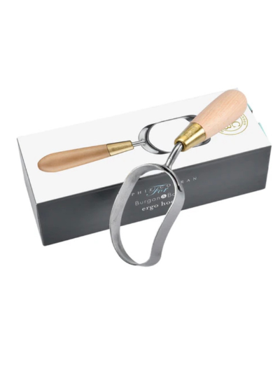 Sophie Conran stainless steel Ergo Hoe with FSC beech wood handle and brass ferrule in presentation gift box.