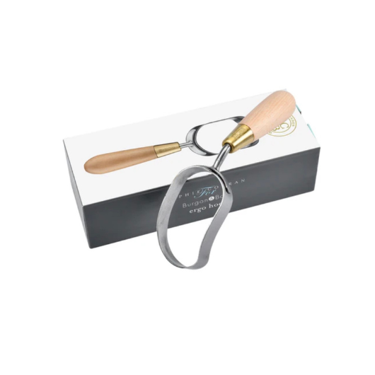Sophie Conran stainless steel Ergo Hoe with FSC beech wood handle and brass ferrule in presentation gift box.