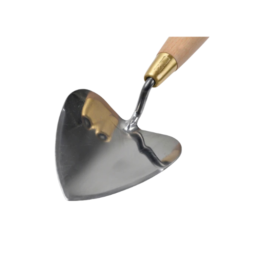 Sophie Conran heart-shaped stainless steel garden trowel with FSC beech wood handle and brass ferrule in presentation gift box.