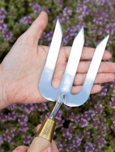 Sophie Conran stainless steel garden hand fork with FSC beech wood handle and brass ferrule in presentation gift box.
