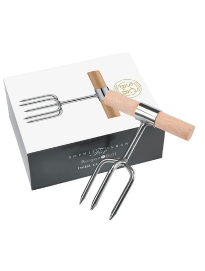 Sophie Conran stainless steel twist cultivator with FSC beech wood handle and brass ferrule in presentation gift box.