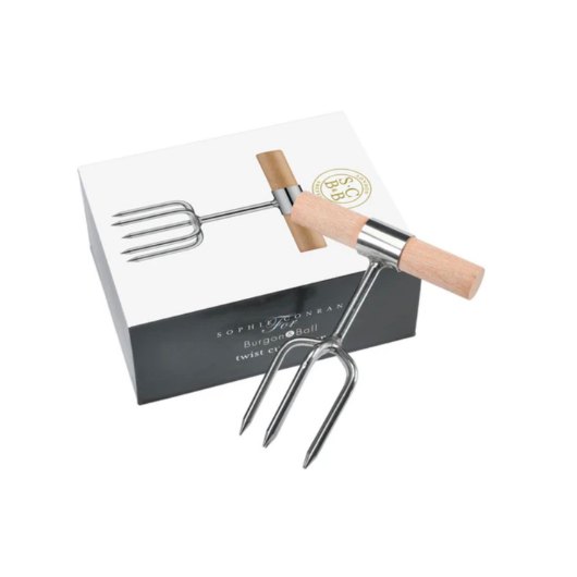 Sophie Conran stainless steel twist cultivator with FSC beech wood handle and brass ferrule in presentation gift box.