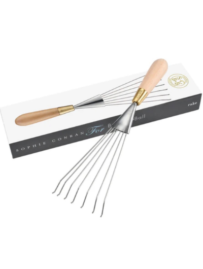 Sophie Conran stainless steel hand rake with FSC beech wood handle and brass ferrule in presentation gift box.