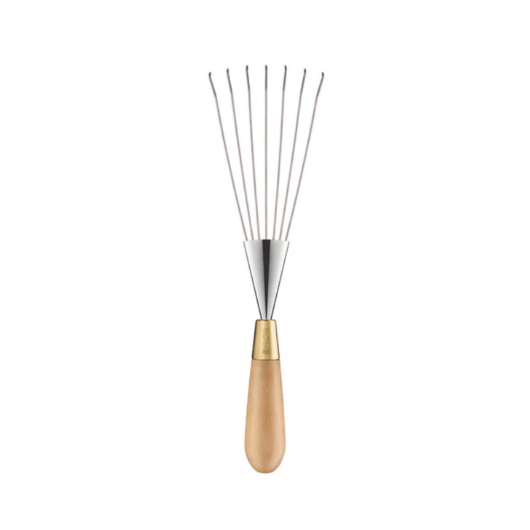 Sophie Conran stainless steel hand rake with FSC beech wood handle and brass ferrule in presentation gift box.