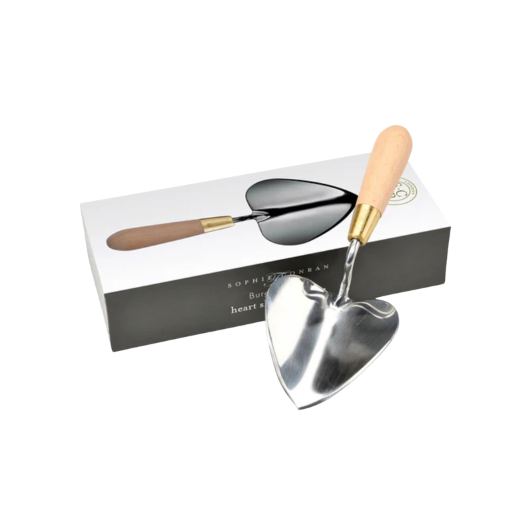 Sophie Conran heart-shaped stainless steel garden trowel with FSC beech wood handle and brass ferrule in presentation gift box.