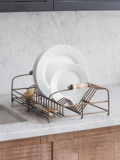 Garden Trading Brompton wirework dish rack with antique brass finish, wooden handles, and plate storage compartments.