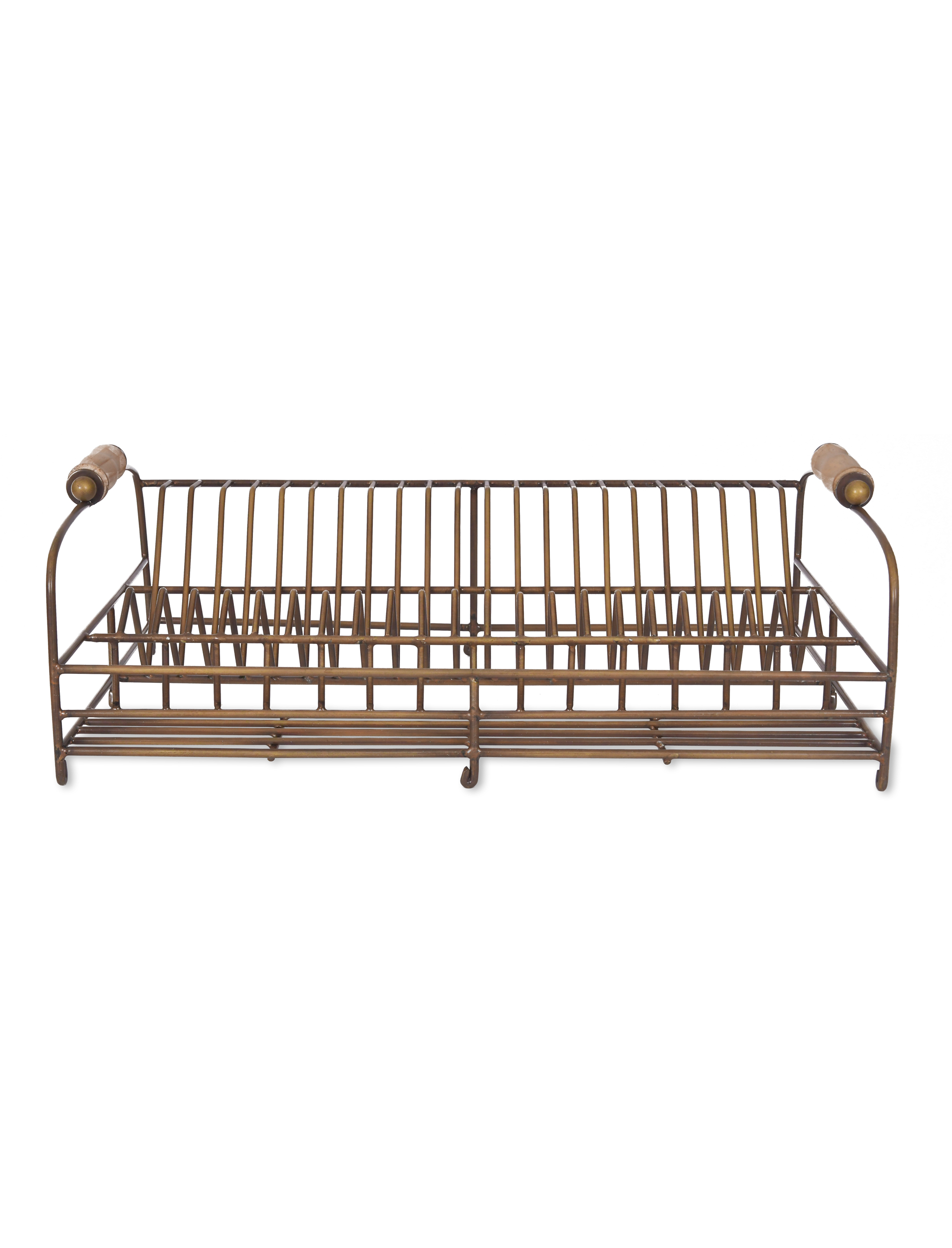 Garden Trading Brompton wirework dish rack with antique brass finish, wooden handles, and plate storage compartments.