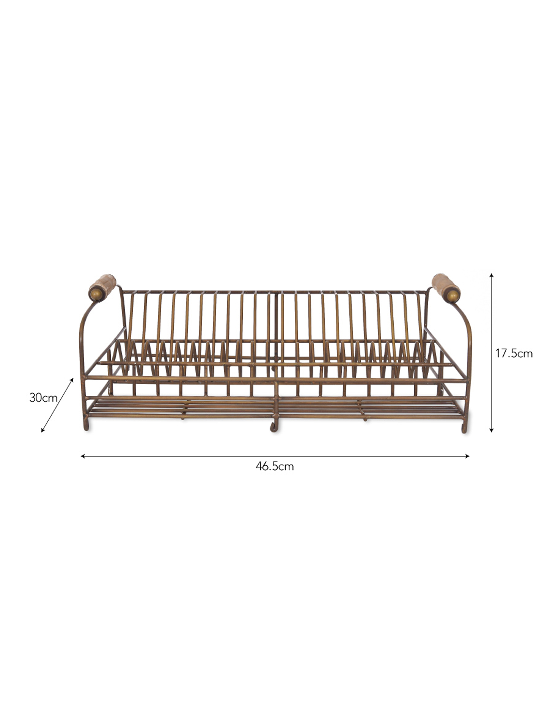 Garden Trading Brompton wirework dish rack with antique brass finish, wooden handles, and plate storage compartments.