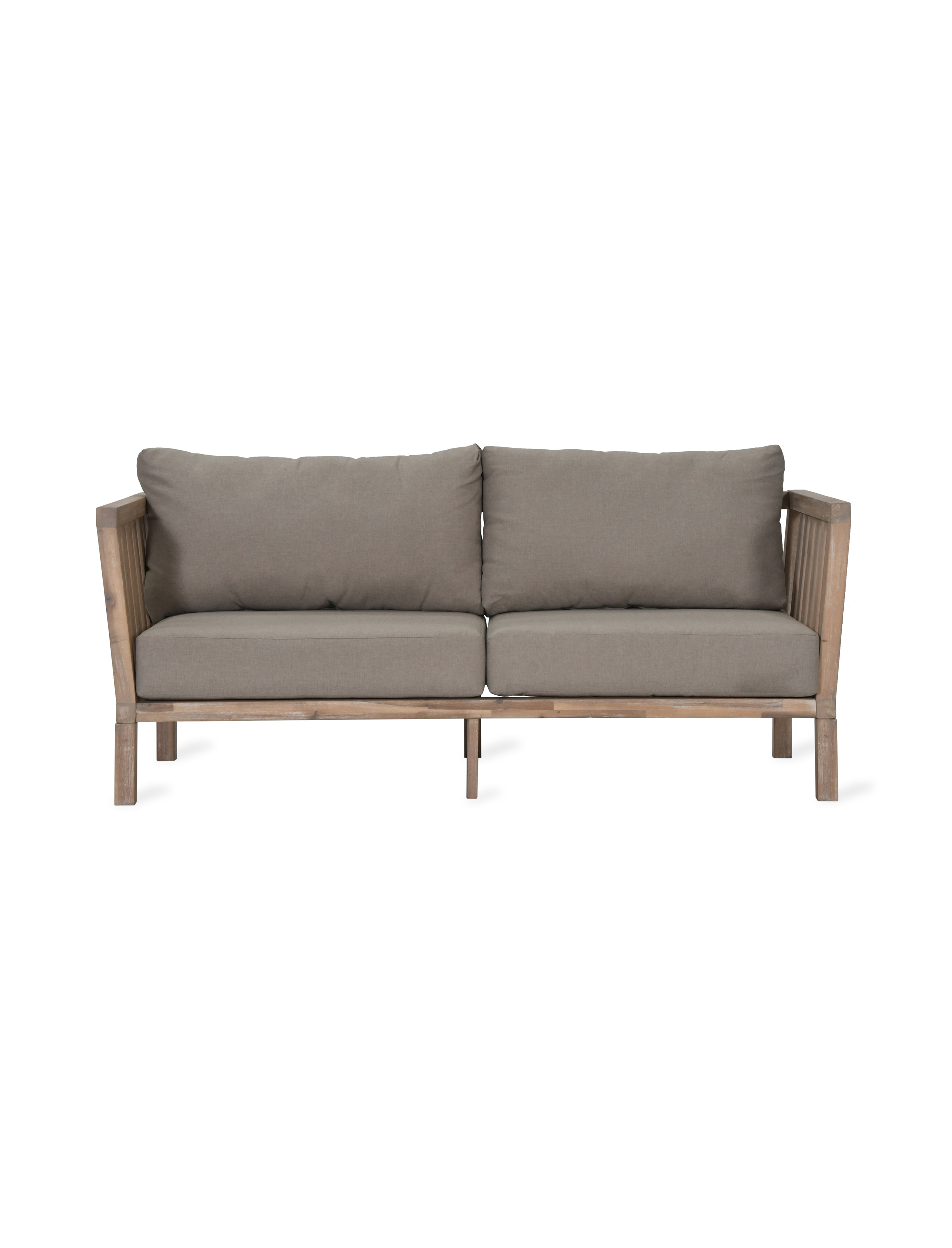 Garden Trading Porthallow 2 seater sofa in natural acacia wood with grey cushions styled on an outdoor patio.