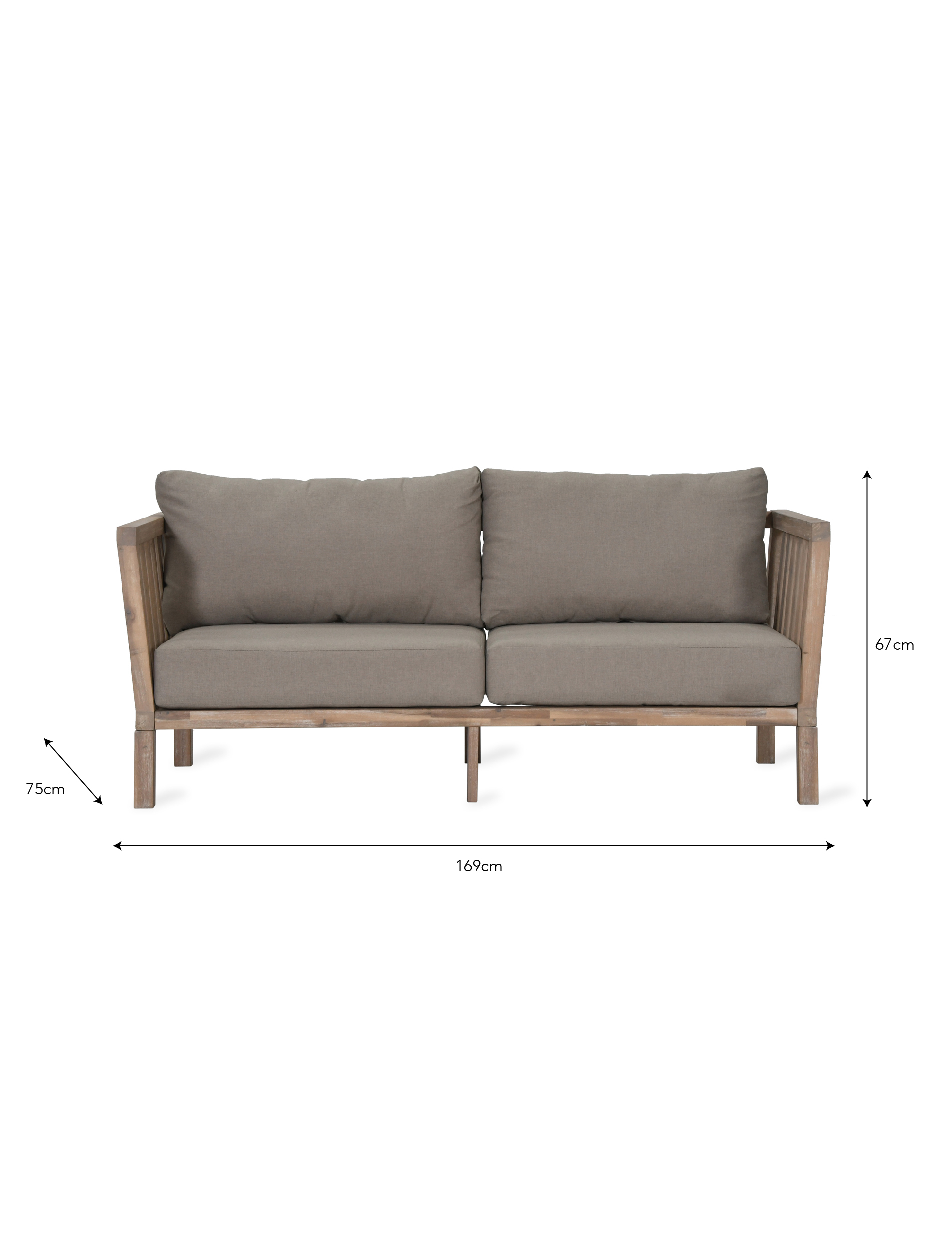 Garden Trading Porthallow 2 seater sofa in natural acacia wood with grey cushions styled on an outdoor patio. Size Guide