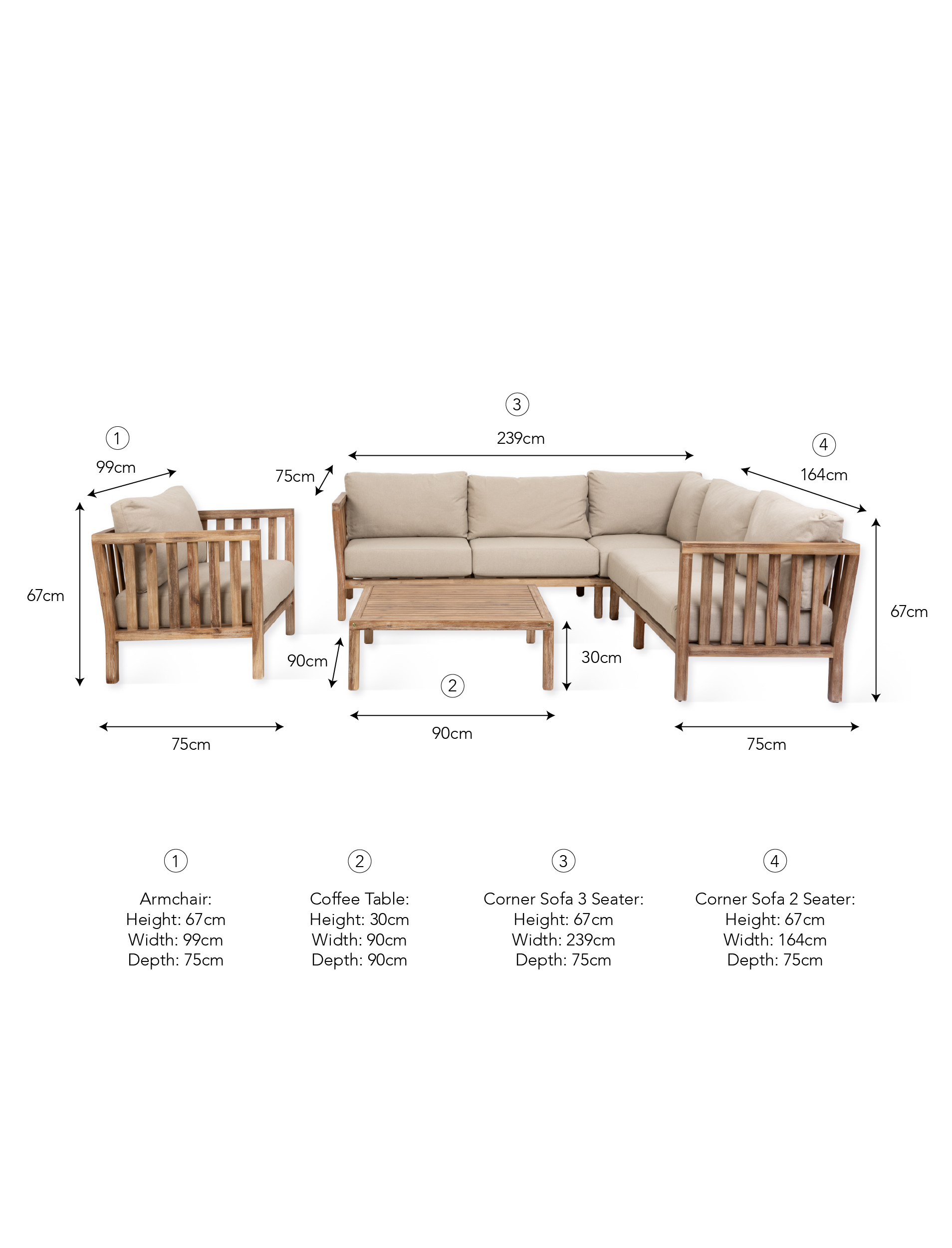 Garden Trading Porthallow Dark Natural acacia corner sofa set with matching armchair and coffee table on a garden patio. Sizes