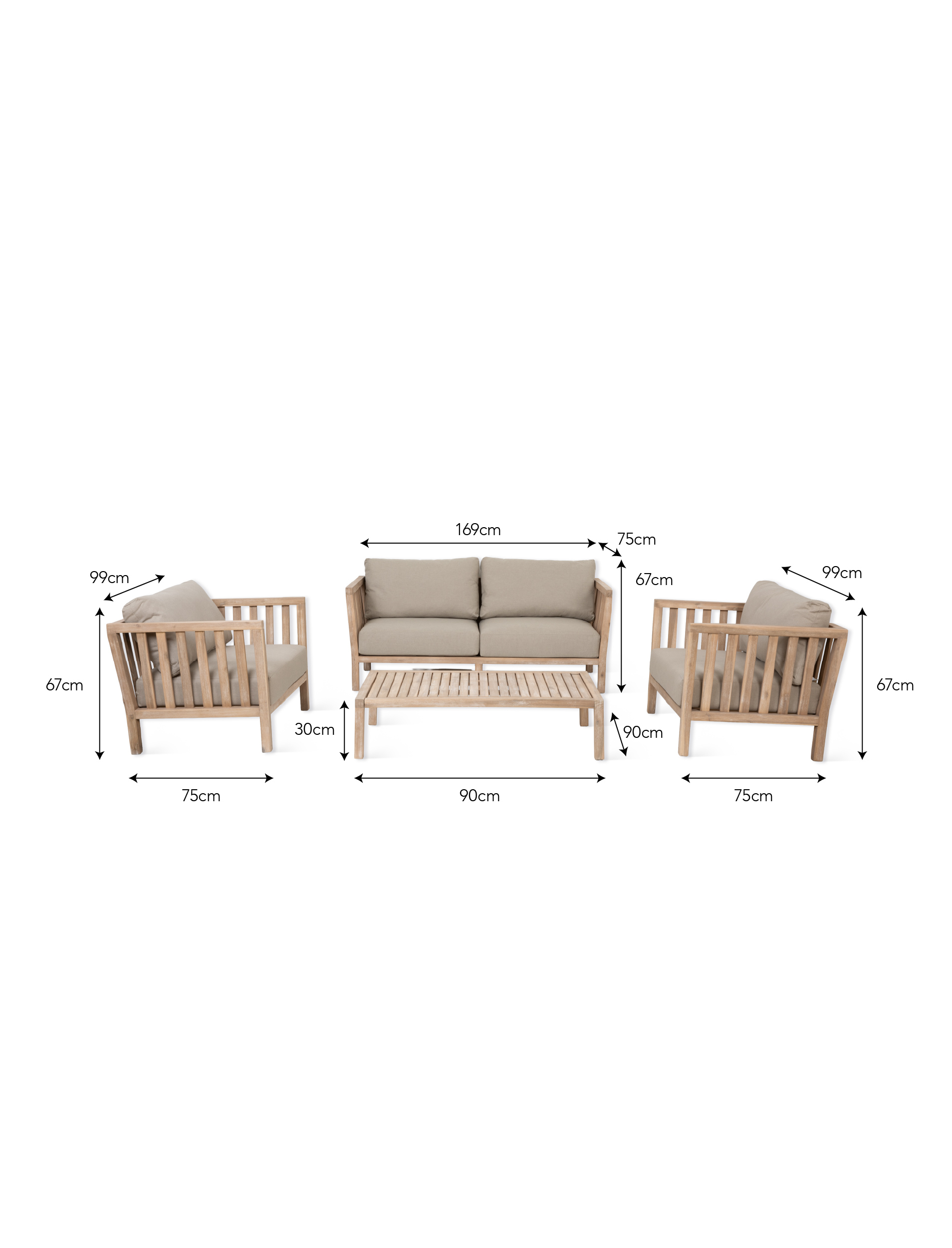 Garden Trading Porthallow 2 seater sofa set in natural acacia wood with matching armchairs and coffee table outdoors.